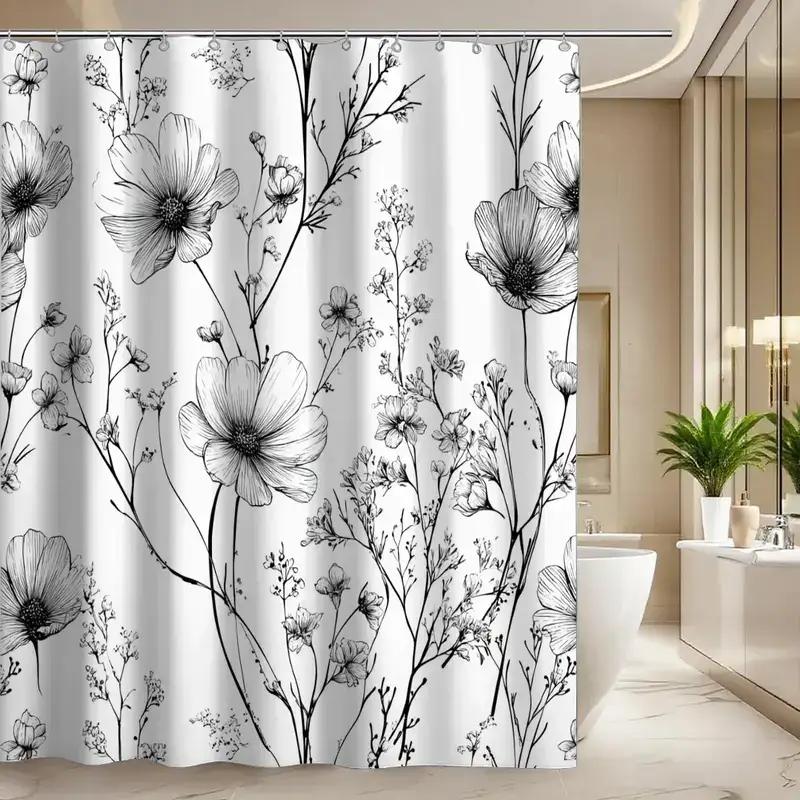 Minimalist Floral Shower Curtain Black Line Art Wildflower Pattern Modern Bathroom Decor Waterproof Printed Bath Curtain Home