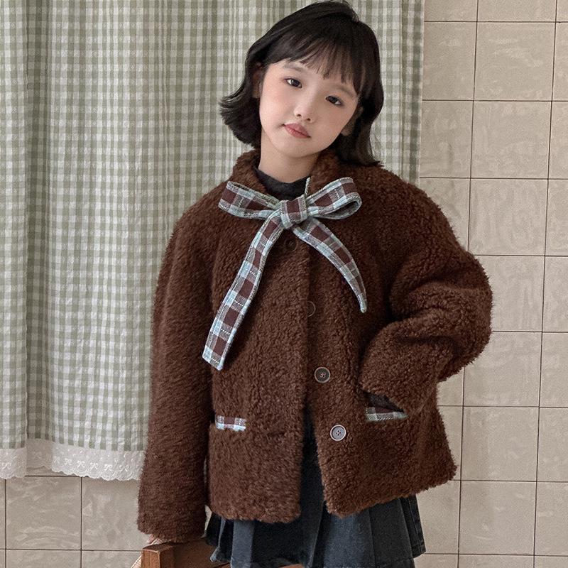 

2025 Осень/Зима Пальто из искусственного меха для девочек - Имитация овчины, Утепленное хлопком, Детская одежда в корейском стиле 150cm (Fits height 142-150cm)