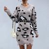 Casual Fashionable and Elegant Autumn and Winter Knitted Long Sleeve V-Neck Tattered Leopard Print Sweater Dresses