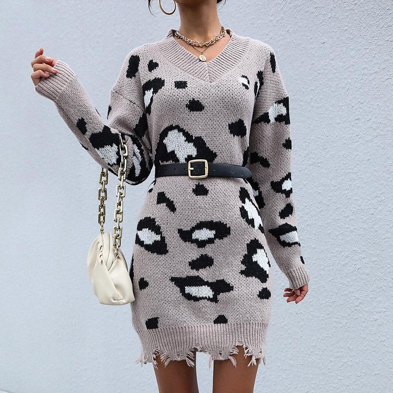 Casual Fashionable and Elegant Autumn and Winter Knitted Long Sleeve V-Neck Tattered Leopard Print Sweater Dresses