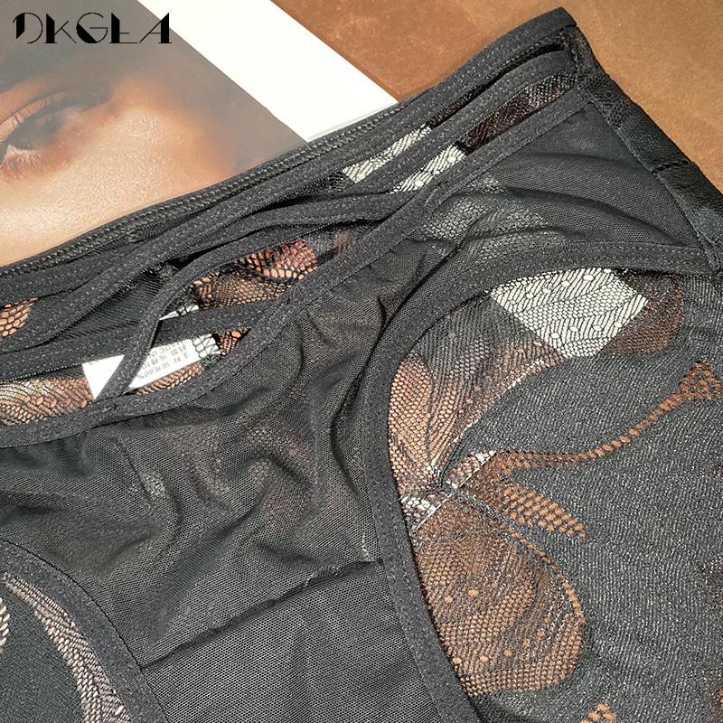 DKGEA 3 szt. Czarna seksowna bielizna damska majtki ze średnim stanem koronkowe figi przezroczyste kalesony