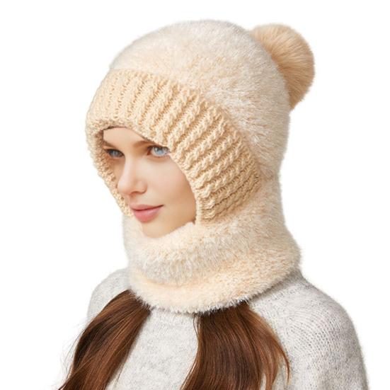 Yousheng Riding Headgear 3 in 1 Hat Scarf Face Guard Solid Color Plush Ball Decor Thickened Warm Windproof Winter Hat