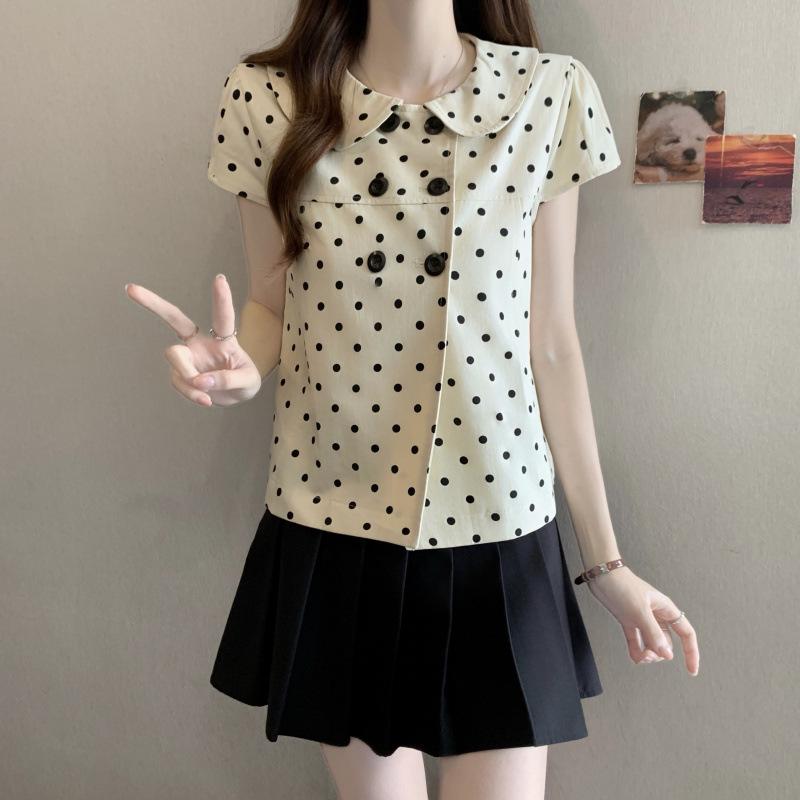 2026 Korean Style Plus Size Polka Dot Doll Collar Short Sleeve Double-Breasted Slimming Women s Summer Shirt XL Plus