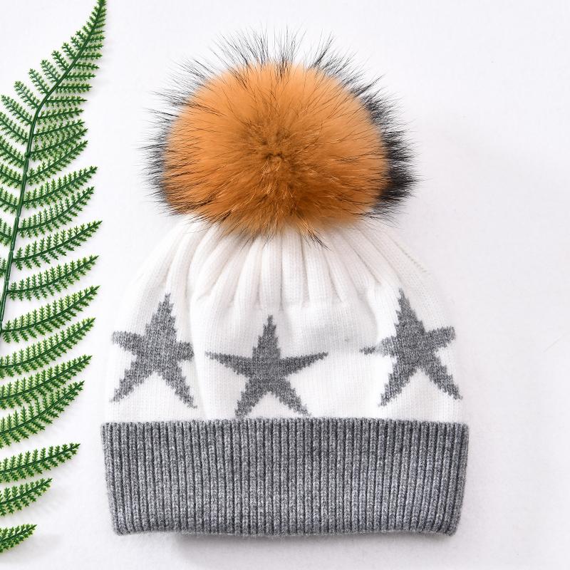 Jxwatcher Fashion Star Pattern Unisex Beanie Hat Real Fur Pom Pom Skull Keep Warm Cuffed Thick Winter Cashmere Knit Wool Beanie One Size