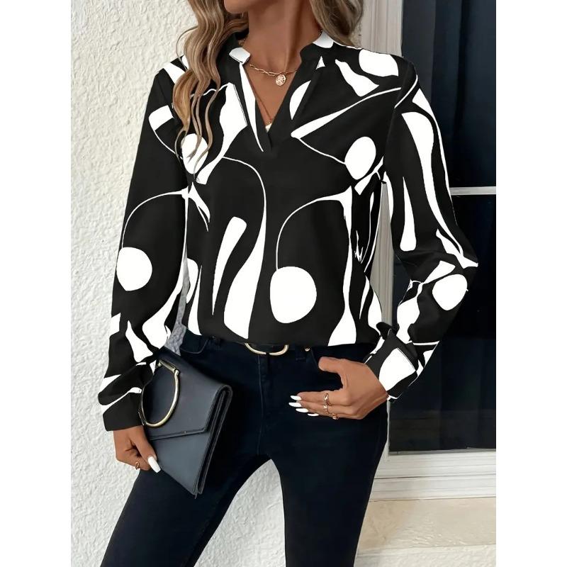 Women's Fashion Casual Spring Autumn Colour Block Print Long Sleeve V-Neck Blouses Shirts