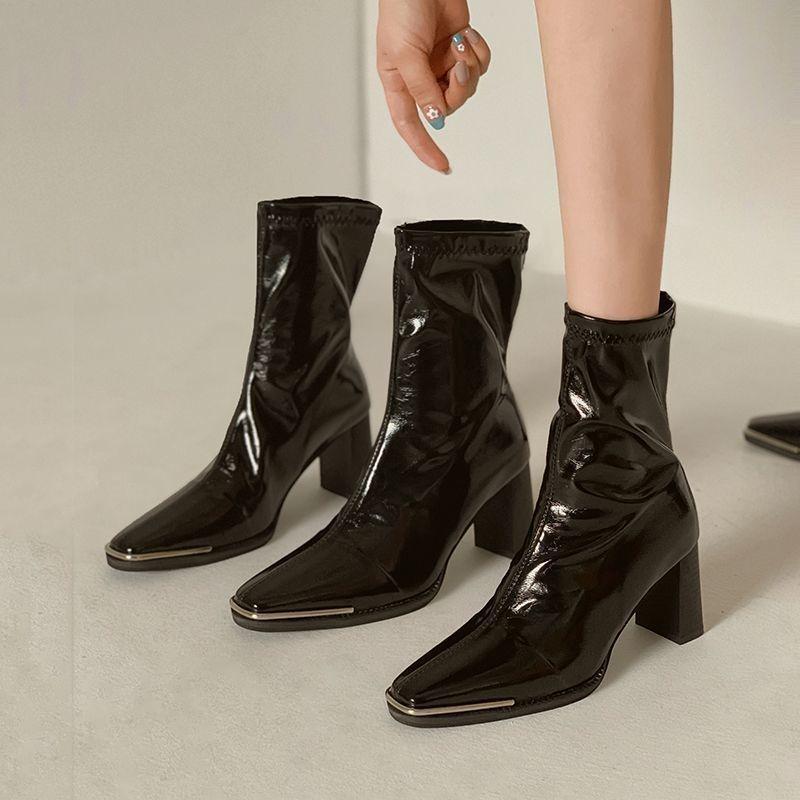 Kendall's Versatile Patent Leather Ankle Boots - Women's Chunky High Heels, 2025 New European/American Mid-Calf Martin Boots for Autumn/Winter