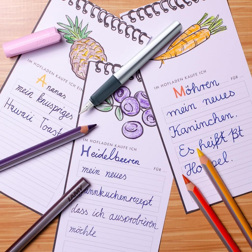 LAMY nexx Blue Fountain Pen Grip and Polished Steel Size A Triangular Aluminum Body Includes LAMY T10 Blue Ink Cartridge - Non-Slip Nib, - - -