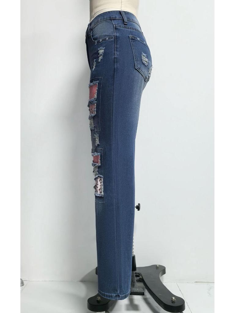 Spring 2025 Women's Ripped Jeans with Printed Appliqué - Casual Versatile Long Pants
