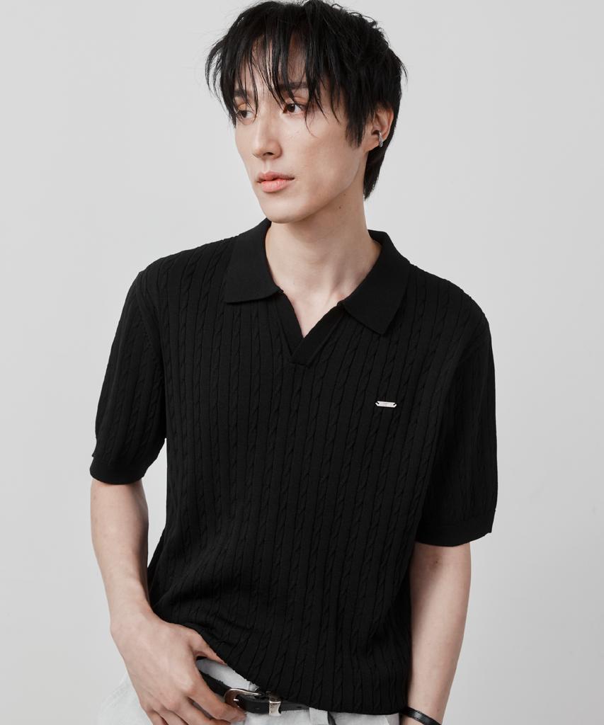 Ssei Essential Cable Open Collar Short Sleeve Knit Black