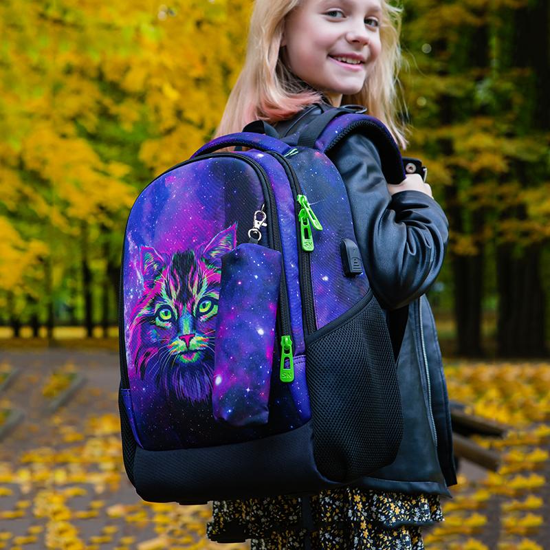 Dziecięca ortopedyczna tornister z portem ładowania USB Wielofunkcyjne plecaki Dziewczęce 3D Cat Animal Prints Kids Bookbag
