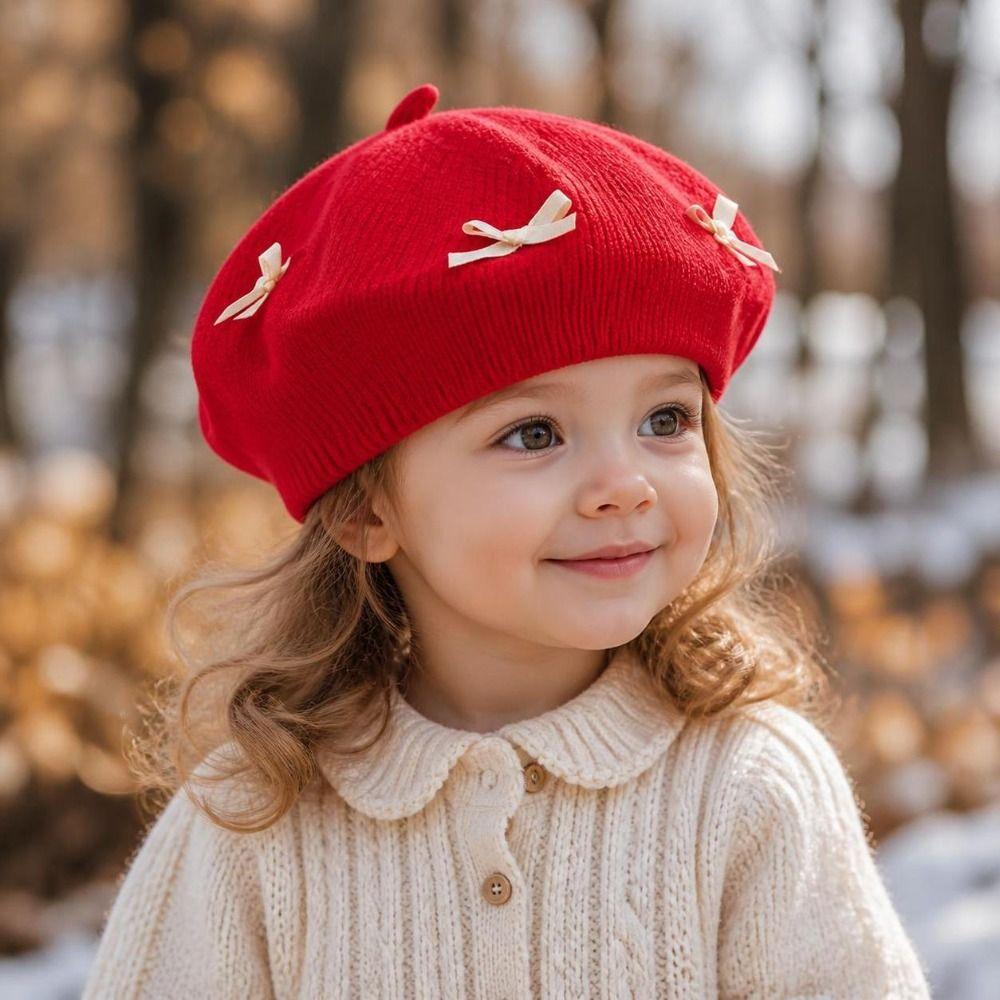 Cotton Girls Painter Cap Bowknot Decoration Toddler Warm Beanie Fashion Bow Knit Headwear Girl