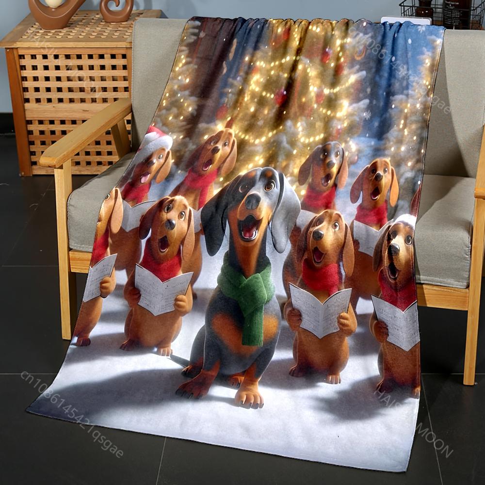 Dachshunds Singing with Christmas Trees Pattern Blanket Flannel Material Soft Warm for All Seasons For Home Outdoor Camping