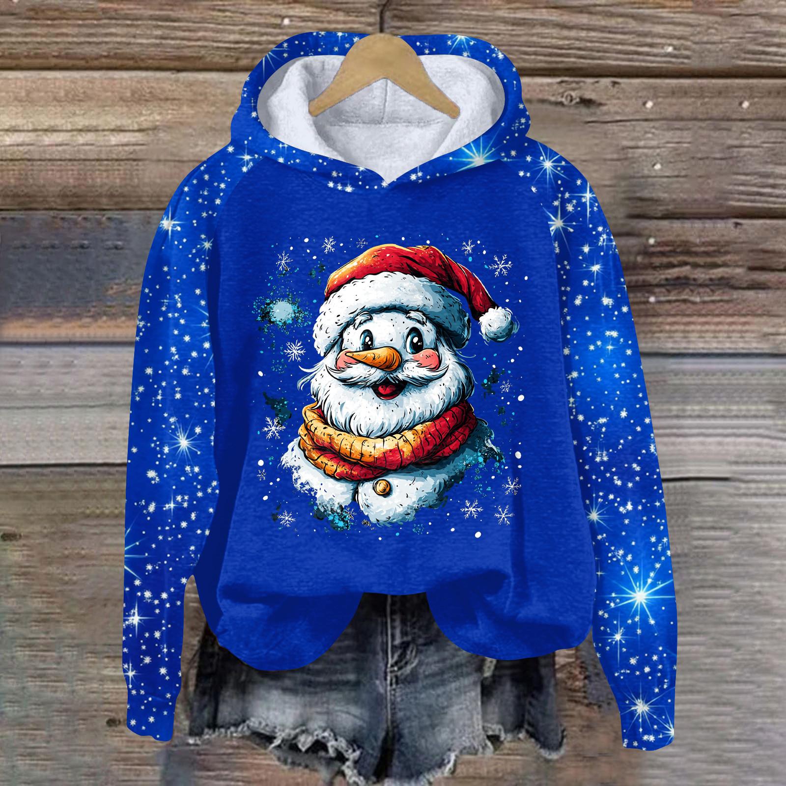 

Женская мода повседневный пуловер с рукавами-заглушками и рождественским принтом с капюшоном XXXL синий