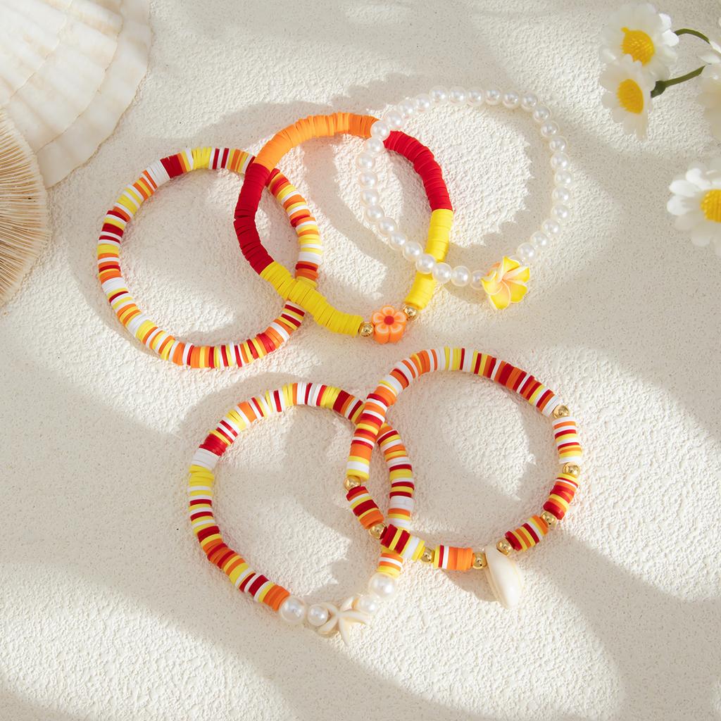 Ingemark Boho Polymer Clay Chain Bracelets Set for Women Starfish Conch Flower Imitation Pearl Elastic Bangles Aesthetic Jewery