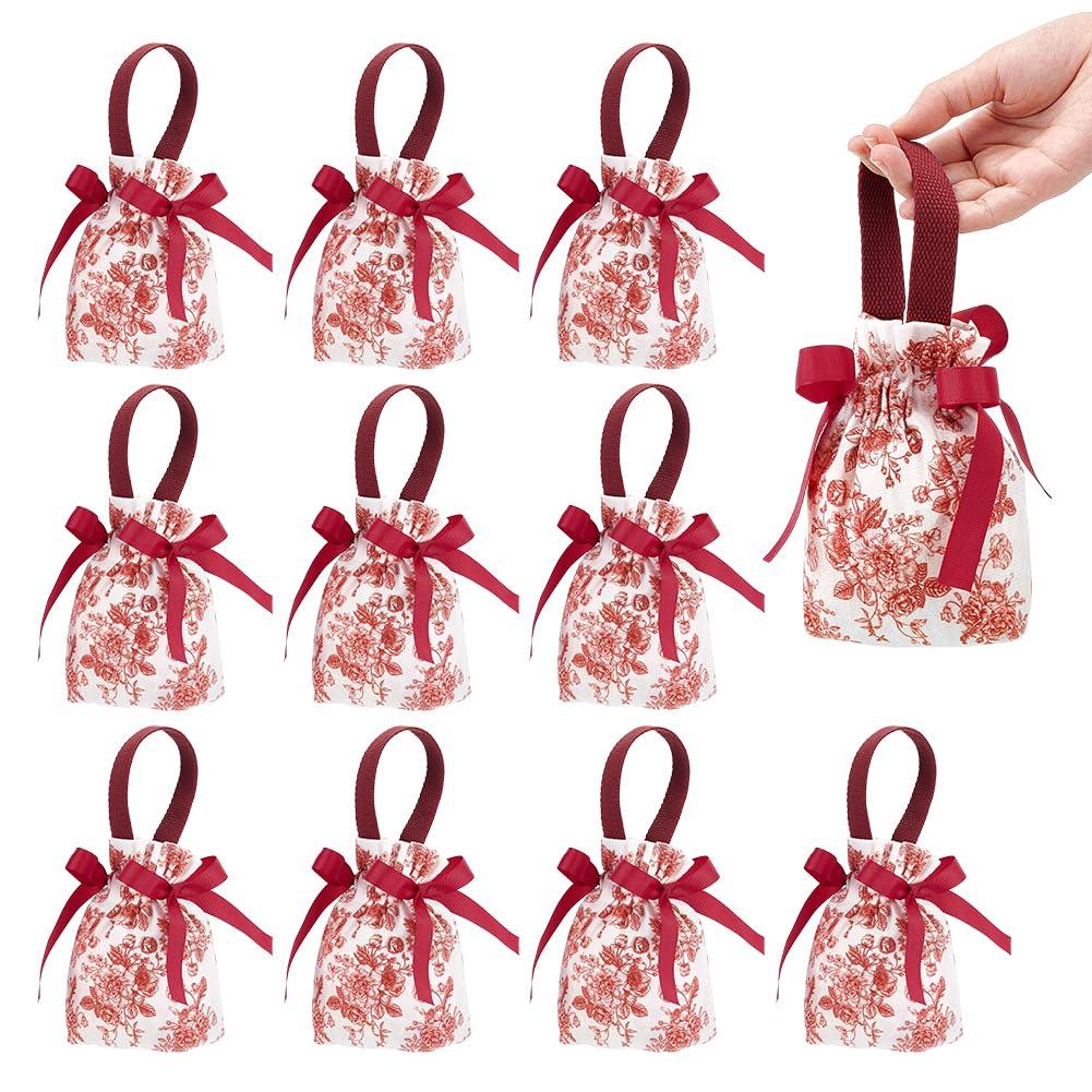 

10 Pcs Floral Drawstring Gift Bags with Handles, Perfect for Tea Party Wedding Birthday Favors, Canvas in FireBrick 17.5x13.5x0.8cm