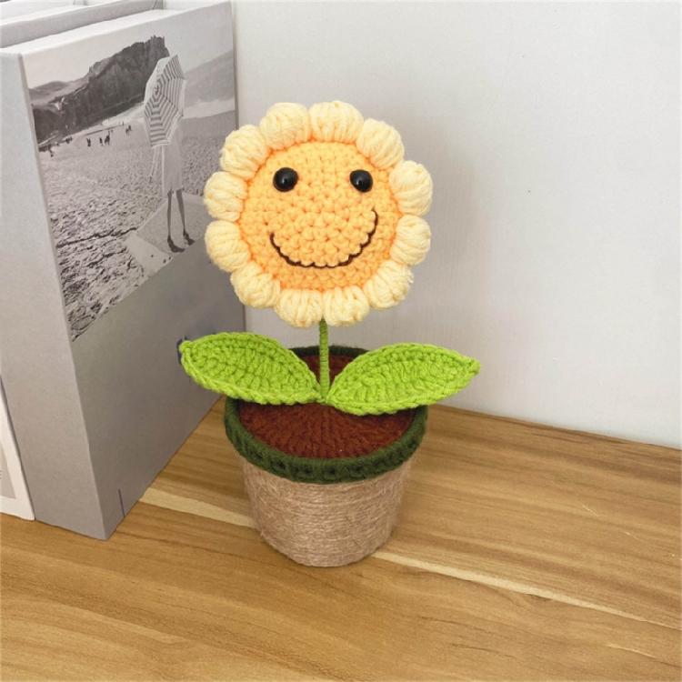 Crocheted Smiling Sunflowers Potted Plant Home Decors Ornament with LED Light for Mother Day Teacher Appreciation Gift