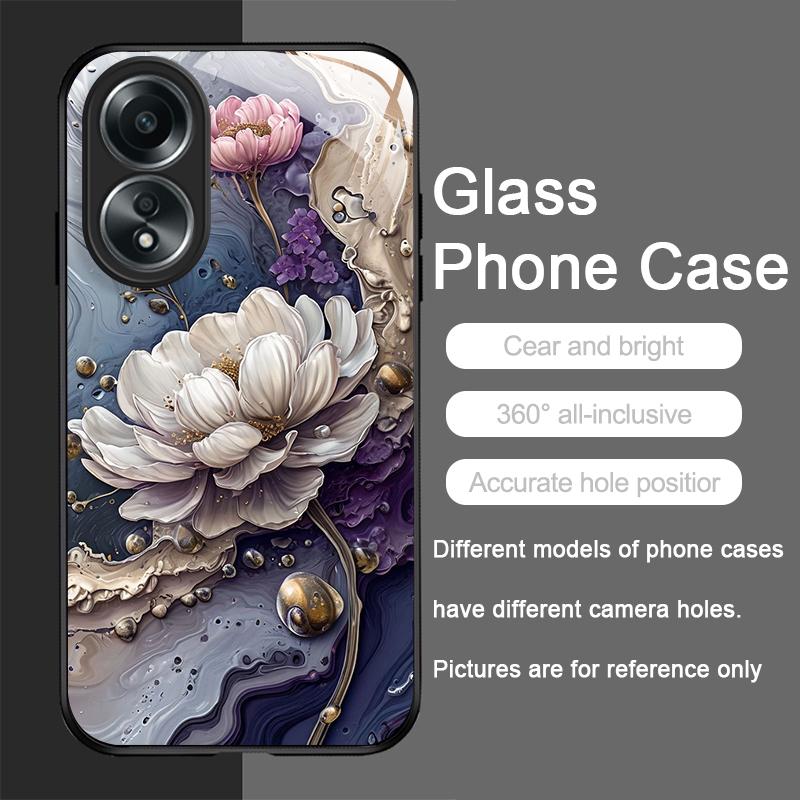 Luksusowe Etui ze Szkła Hartowanego z Kwiatowym Wzorem Marmuru Lotosowego na Telefon OPPO Realme 14 13 Pro Plus 12 11 10 Neo 3 X7 PRO C75 C67