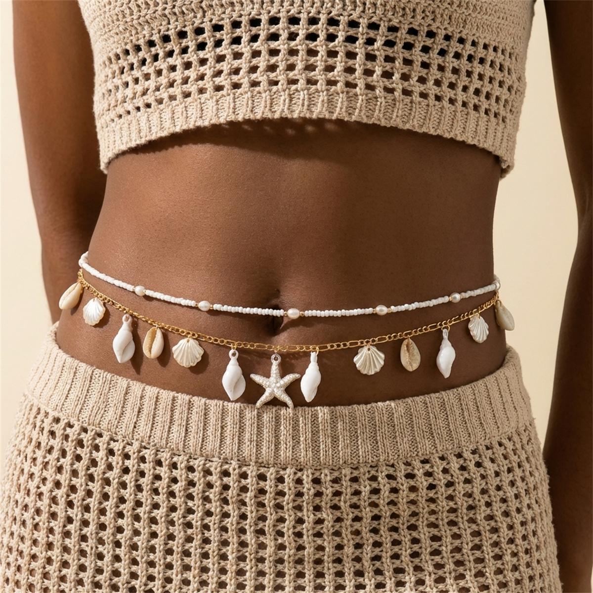 

Summer Beach Shell Waist Chain For Women Bohemia Double Layer Starfish Conch Beaded Belly Chain Vacation Bikini Body Zircon
