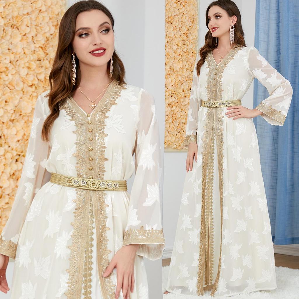 Women's V-neck Long Sleeve Middle Eastern Abaya Two-Piece Set Dress