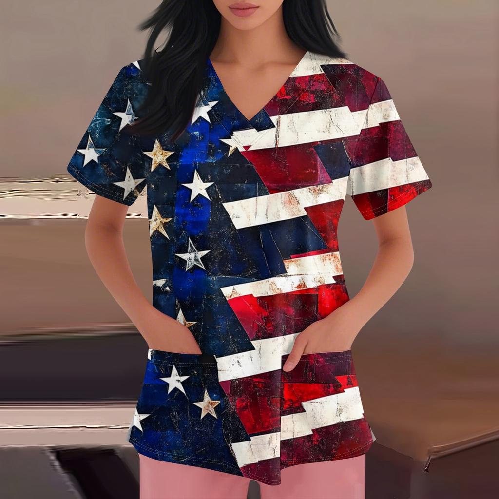 Happy Valentine's Day Women's Fashion V-neck Short Sleeve Workwear With Pockets Tops