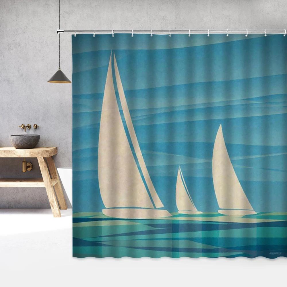 Nautical Sailboat Sea Beach Shower Curtain 3d Bathroom Curtains Print Waterproof With Hooks Bath Shower Curtain Washable Cloth
