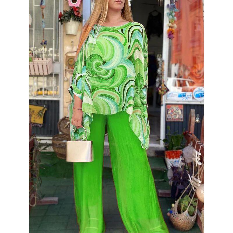 

New Arrival Color Chiffon Casual Suit Printed Two-Piece Suit Female Chiffon Loose Two-Piece Set Grass Green L