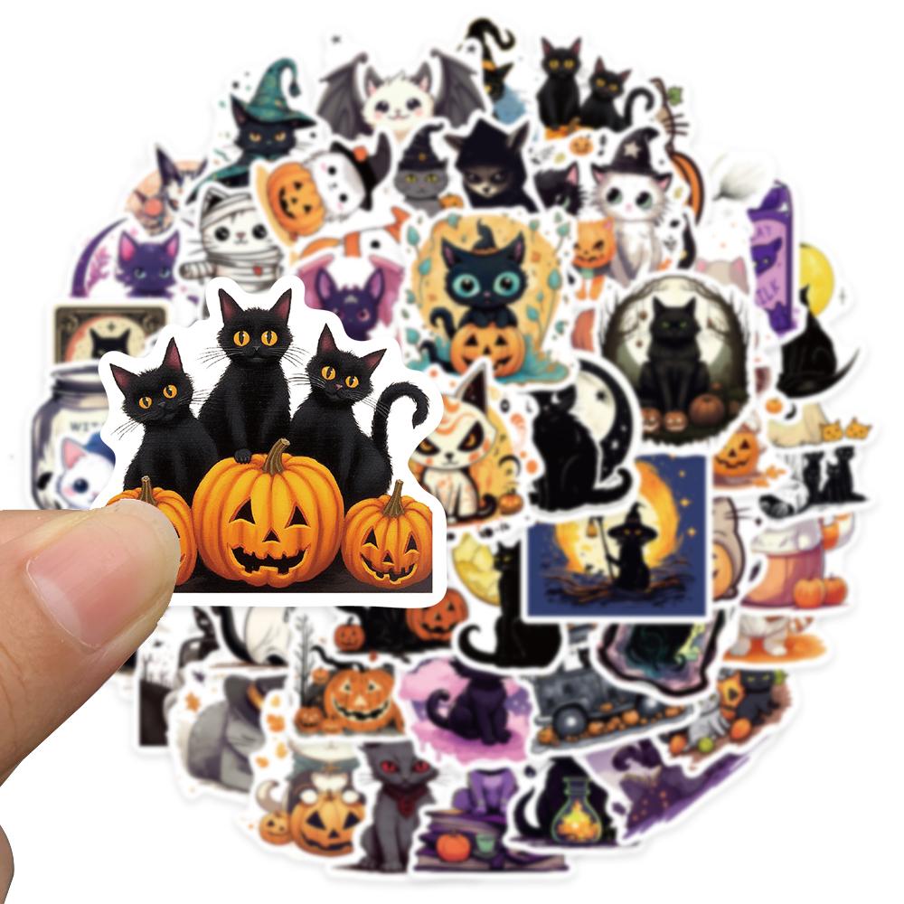 10/50PCS Halloween Cat Stickers Witchy Gothic Black Cat Witch Moon Tarot Boho Halloween Cute Stickers Scrapbook Bottle Phone Graffiti Sticker