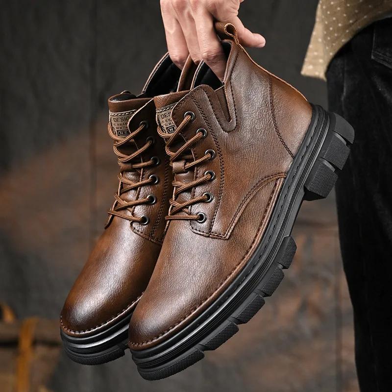 

Новейшие мужские ботинки Мода Корейский стиль Ботильоны Натуральная кожа Мягкие Тренд Botas Man Весенняя уличная обувь 2025 38 коричневый