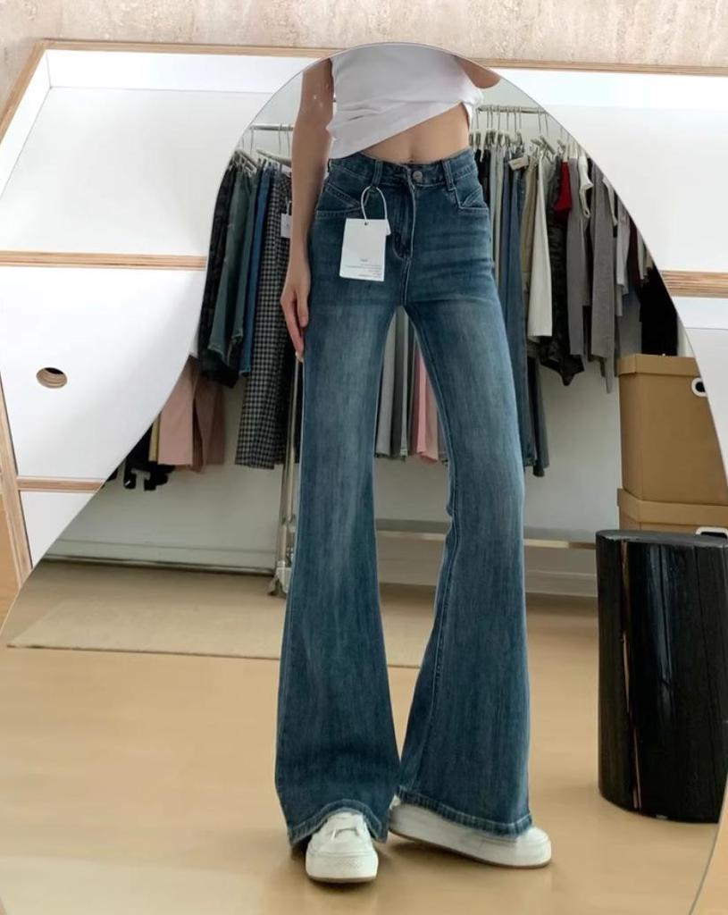 Women's Retro Blue High-Waist Wide-Leg Flared Jeans Plus Size