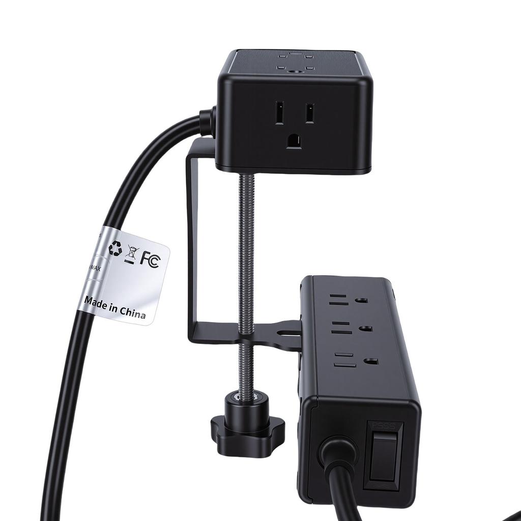 Dual Layer Desk Clamp Power Strip 12A 1500W 13 AC Outlets 2 USB A 2 USB C Ports Edges Mount Power Strip with 2m Cord