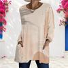 Women Plus Size White Abstract Smile Printed Round Neck Long Sleeve Loose Longline T Shirt With Pockets