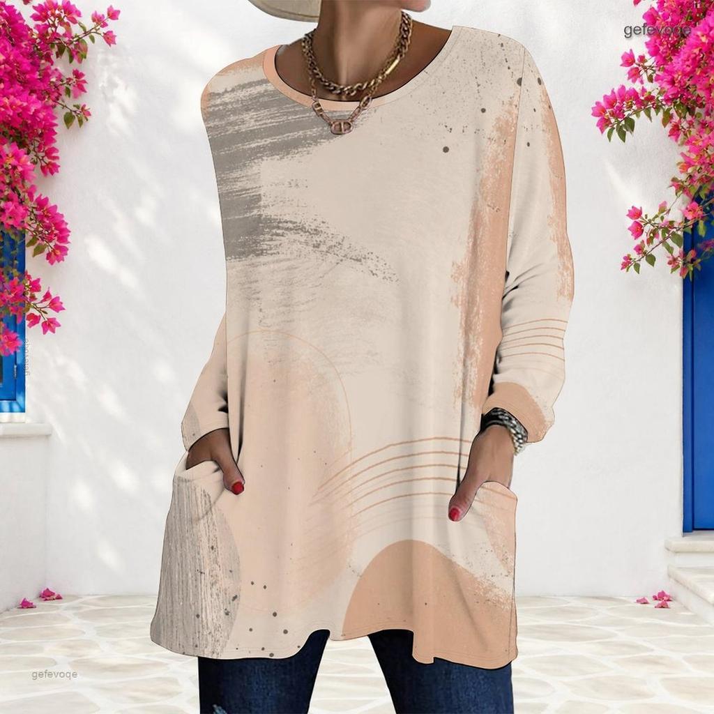 Women Plus Size White Abstract Smile Printed Round Neck Long Sleeve Loose Longline T Shirt With Pockets