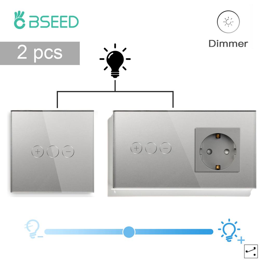 BSEED LED Touch Dimmer Schalter Wanddimmer 1-fach 2-Wege Sensor Schalter Plus EU Steckdosen USB Typ-c Gehärtetes Glas Wasserdicht 2er Pack