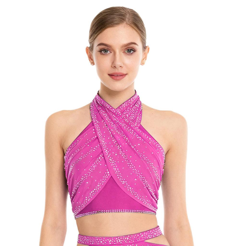 Womens Latin Dance Top Halter Sleeveless Strappy Backless Design Shiny Rhinestones Cross Front Ruched Mesh Crop Top