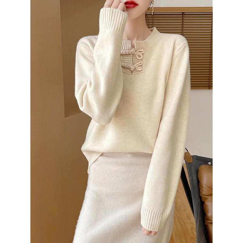Women's Neo-Chinese Pure Wool Pullover Knit Sweater
