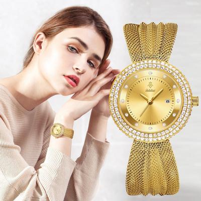 Elegant Women Waterproof Quartz Watch Rhinestone Decor Bezel Date Dial Wide Mesh Metal Band
