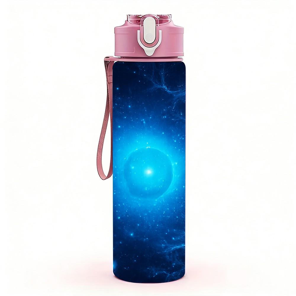 1PC Deep Blue Electric Cosmic Nebula Space Print 750ml Color Plastic Sports Water Bottle Leakproof Flip Straw Lid Suitable for Sports Office Home Use