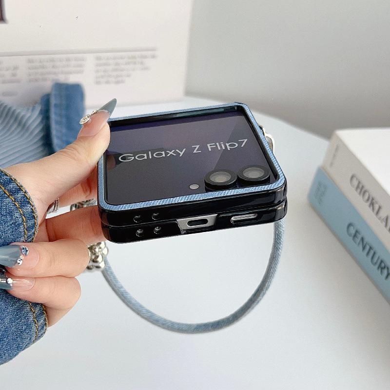 Samsung Z Flip7 Case: Stylish Denim Texture, Drop-Proof, Foldable Screen Protection, Anti-Lost Wrist Strap, Lanyard Included.
