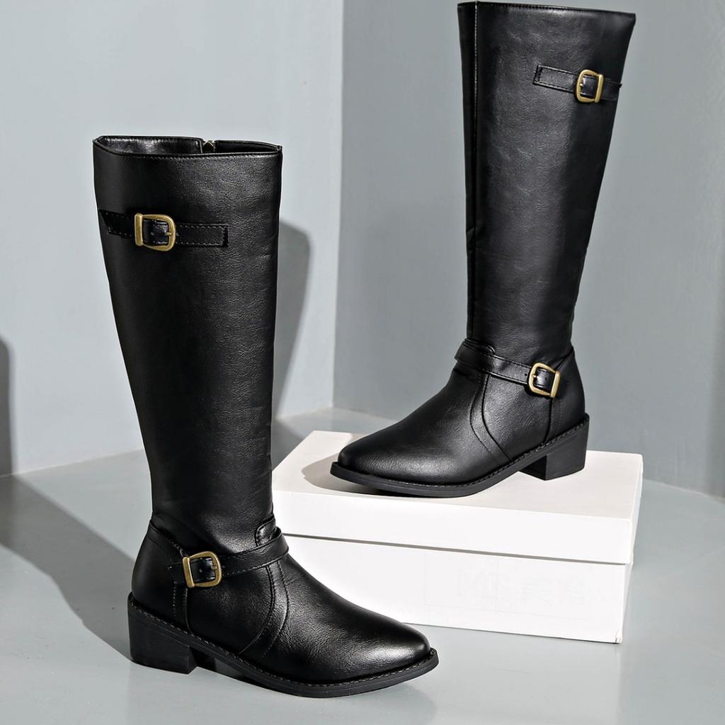 Women's High Boots 2025 Autumn and Winter New European and American Foreign Trade Large Size Thick Heel Super High Heel Square Buckle Zipper Boots