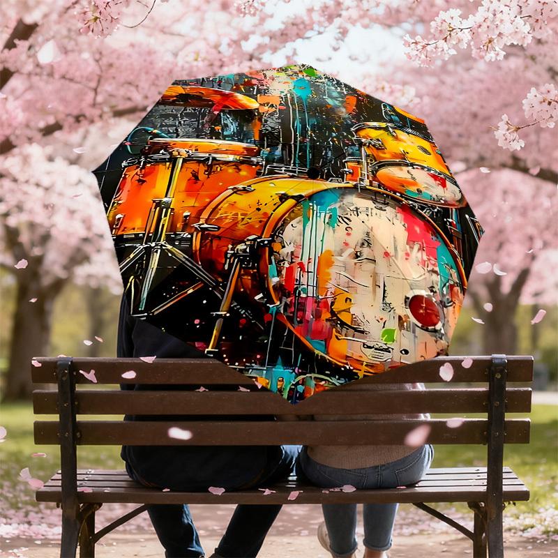 1PC Drum Set Artwork Umbrella-8-Rib Reinforced, Automatic Open, Lightweight & Durable, Cute Fashion Accessory for Outdoor-W9238