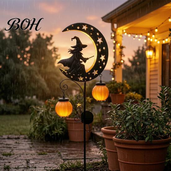 Spooky Pathway Markers for Parties Solar Halloween Witch Pumpkin Moon Garden Stake Light, Waterproof on Crescent Lights with Lantern, Outdoor LED Yard