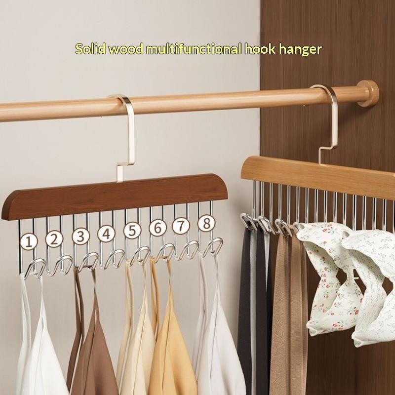 Solid Wooden Camisole Hanger 8 Heavy-duty Metal Hooks Space Saving Organizer for Walk-in Closet Storage