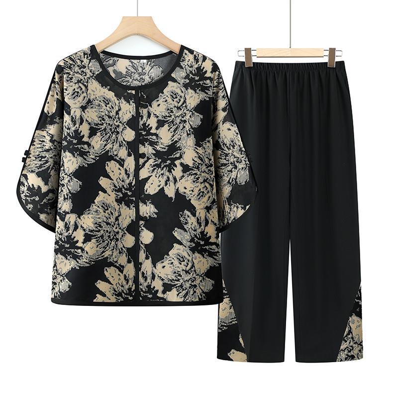 

Stylish Summer T-shirt Set for Middle-aged & Elderly Women - Comfortable, Loose, Short-sleeve Round Neck for Moms XL for 80-100 jin