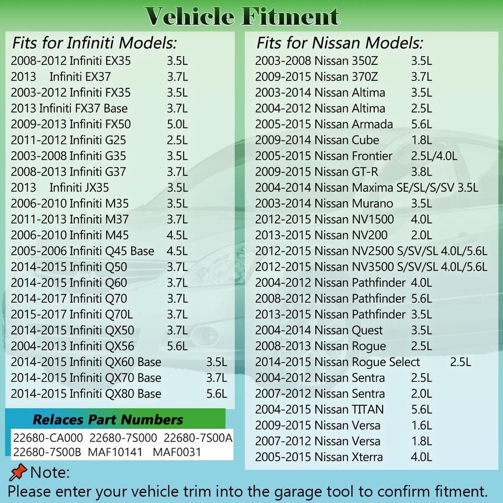 Mass Air Flow Sensor MAF Sensor 22680-CA000 Compatible with 2003-2014 Nissan Altima Frontier Maxima Murano Pathfinder Rogue Sentra Titan Xterra