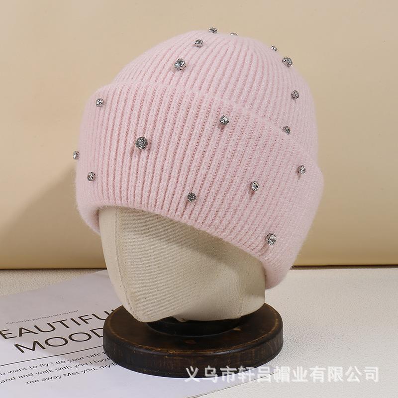 Autumn and winter casual versatile rhinestone rabbit fur wool hat women's fashion heavy industry cold hat warm windproof cover knitted hat
