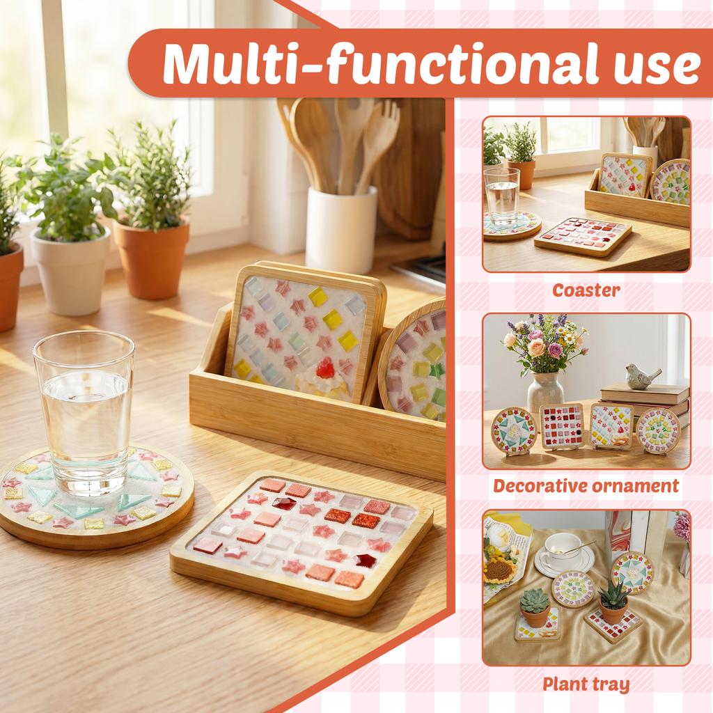 3/4Pcs DIY Mosaic Coaster Handmade Material Creative Bamboo Tableware Mat Wooden Tray Plate Kindergarten Children DIY Craft Deco