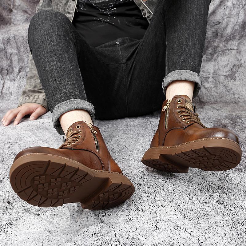 FashionGenuine Leather Mens Shoes lace up High-top Fashion Shoes Comfortable Motorcycle Boots Street Style Male Casual Ankle Boots