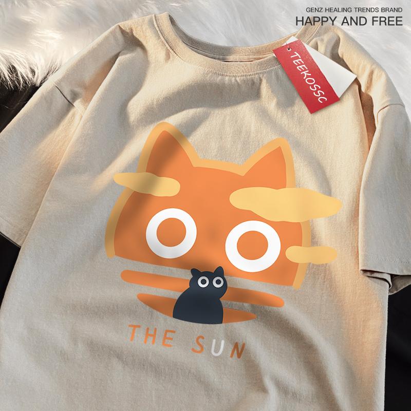 The Sun Orange Cat Fun Japanese Style Male Cotton O-Neck T-Shirt Summer Loose Oversize Clothes High Quality Brand Short Sleeve