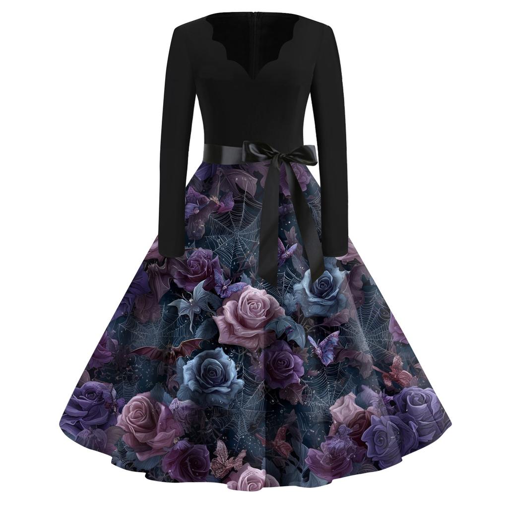 Women's Casual Fashion Halloween Printed V-Neck Vintage Dress