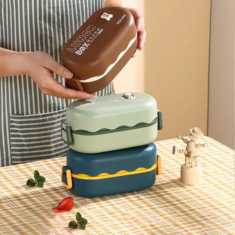Box na oběd 850 ml Dvouvrstvý plastový přihrádkový box na oběd s přezkou na lžičku Netěsná nádoba na uskladnění potravin Utěsněný piknikový box